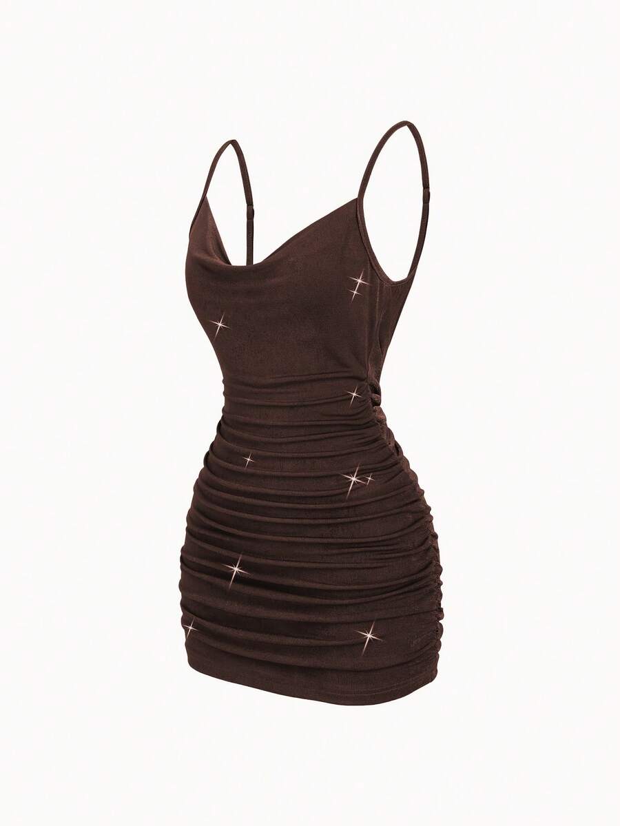Black backless bodycon mini dress with draped neckline and mini hem
