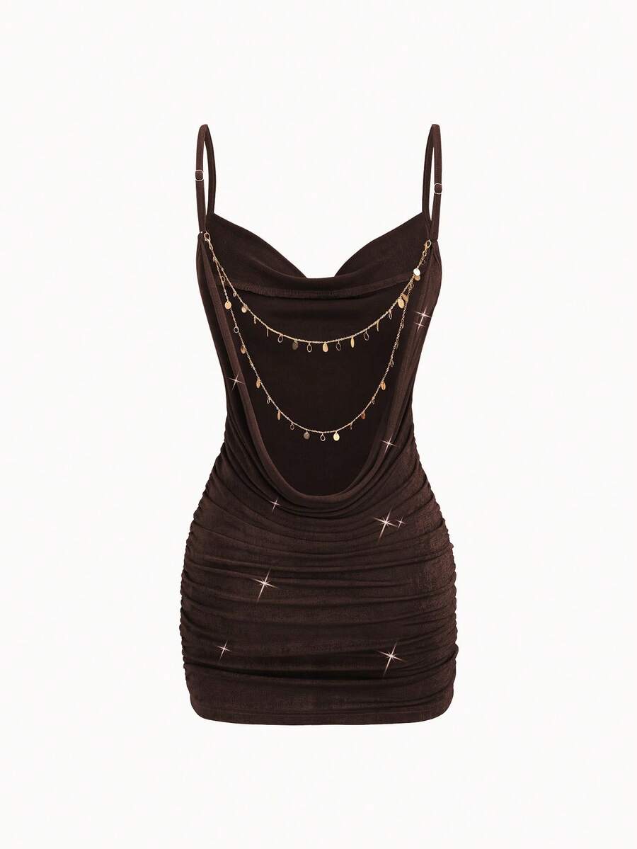 Brown bodycon mini dress with spaghetti straps and fitted ruched design