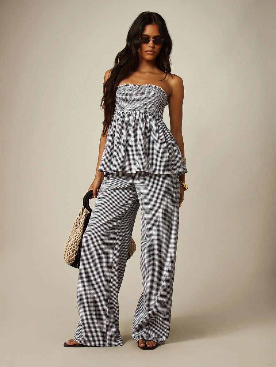 Full view of black white checked summer co-ord set with smocked top and matching pants