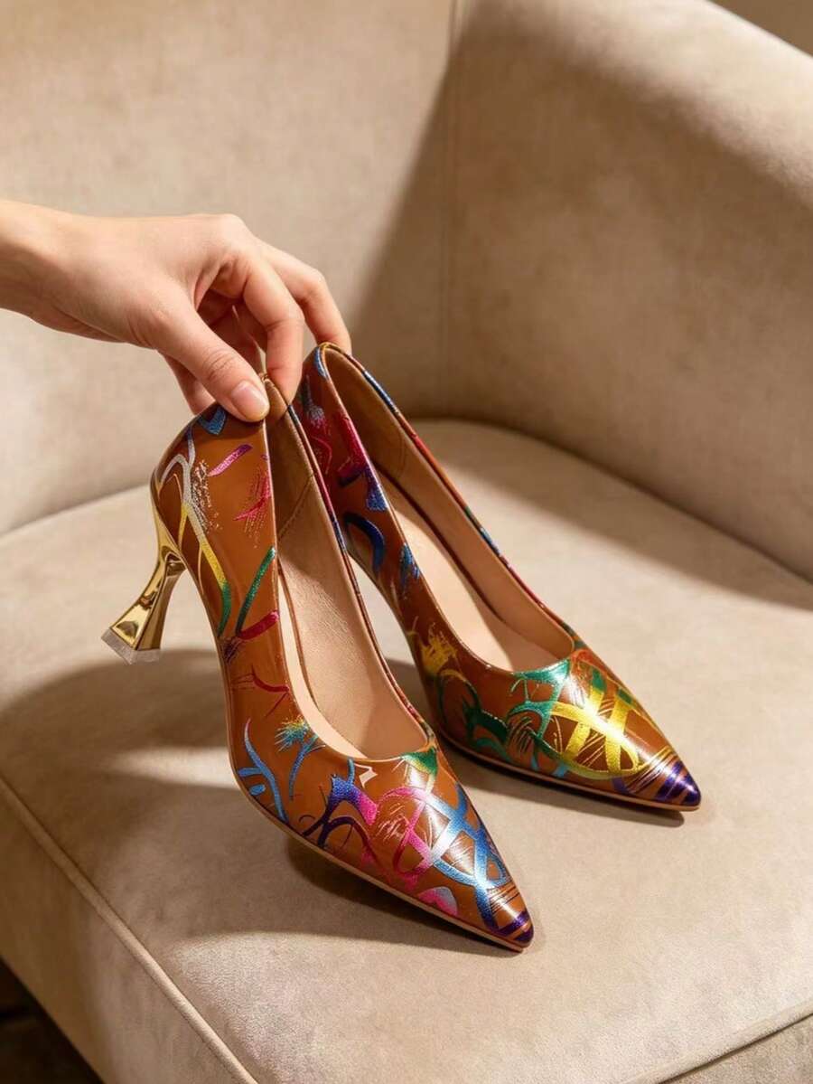 Tan glossy pointed toe pumps with multicolor graffiti print and gold flared heels shown close-up