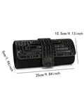 Black embellished clutch with size labels showing 25 cm width 10.5 cm height and 5 cm depth