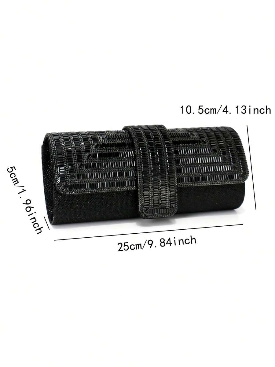 Black embellished clutch with size labels showing 25 cm width 10.5 cm height and 5 cm depth