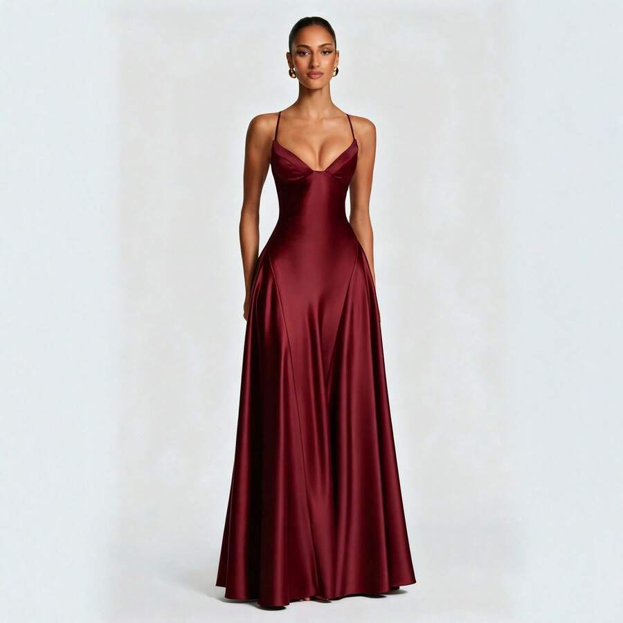 Full-length front view of a burgundy satin evening gown