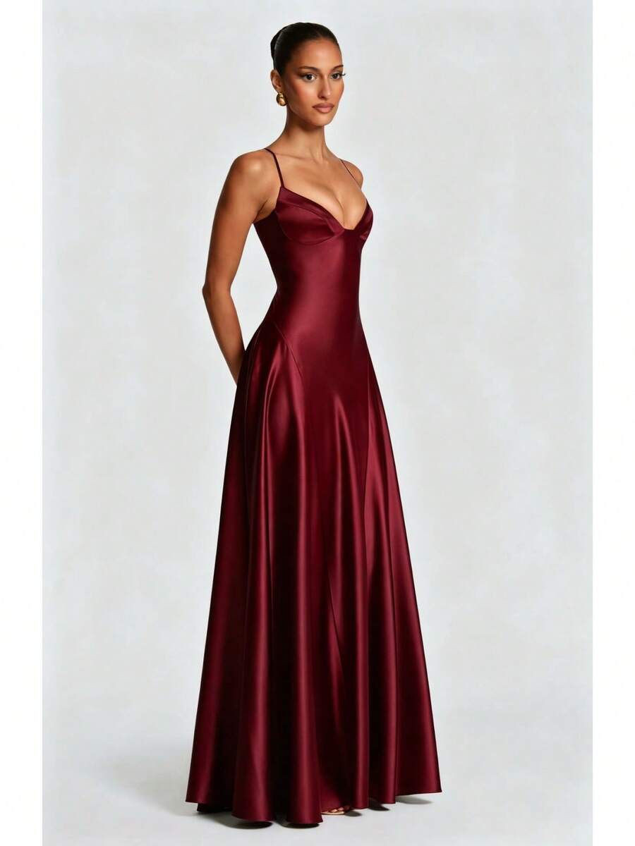 Three-quarter view of the burgundy gown showing fitted bodice and flowing skirt