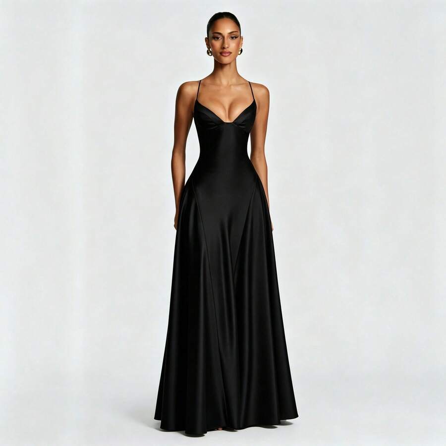 Full-length front view of a glossy black spaghetti-strap formal dress