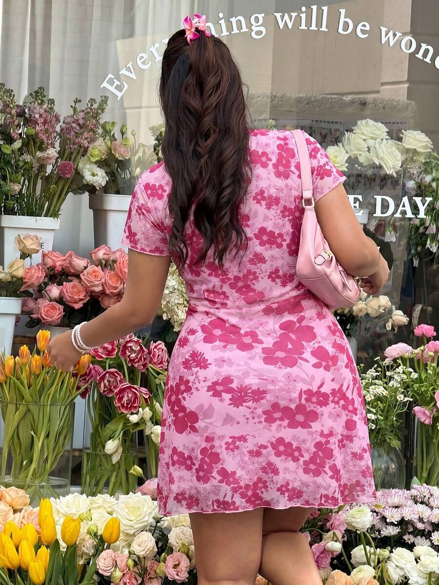 Pink floral plus size mesh mini dress with lace V-neck and bow front
