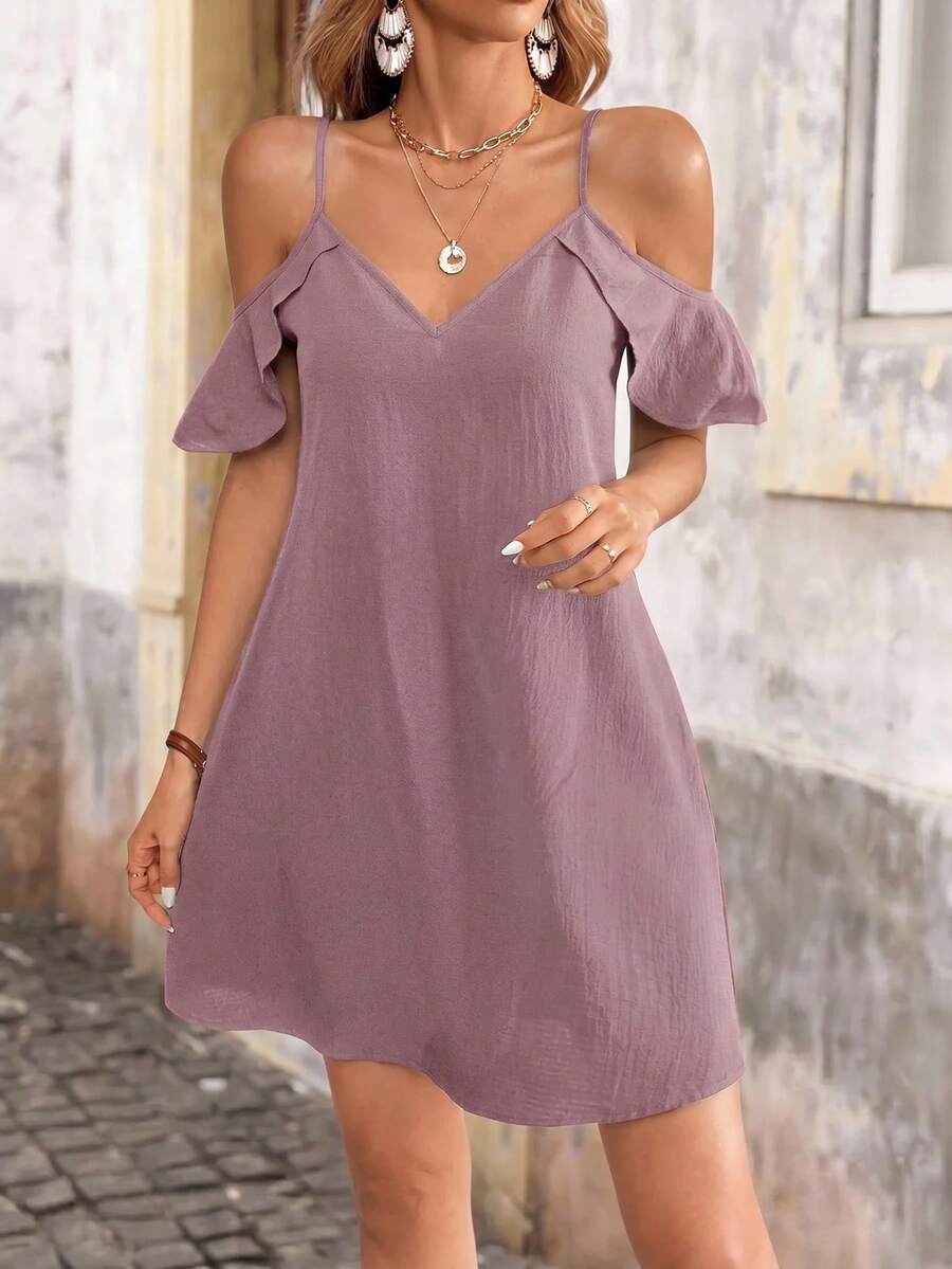 Front view of red cold shoulder mini dress with spaghetti straps and flutter sleeves