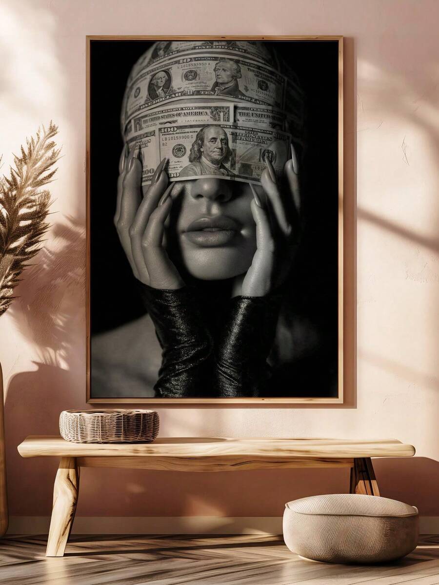 Grayscale dollar bill portrait shown on a plain wall