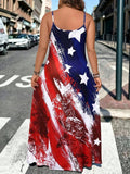 Back view of plus size red white and navy flag print maxi dress with adjustable straps