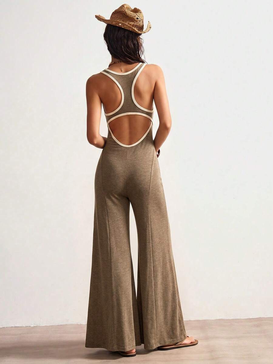 Taupe knit jumpsuit with open-back cutout and contrast trim