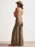 Taupe resortwear jumpsuit with soft lightweight knit appearance