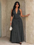 plus size halter maxi dress with deep V neckline, back neck tie bow, open shoulders, ruched waist panel, gold starfish charm, gathered A-line maxi skirt and solid or printed vacation colorways image 19