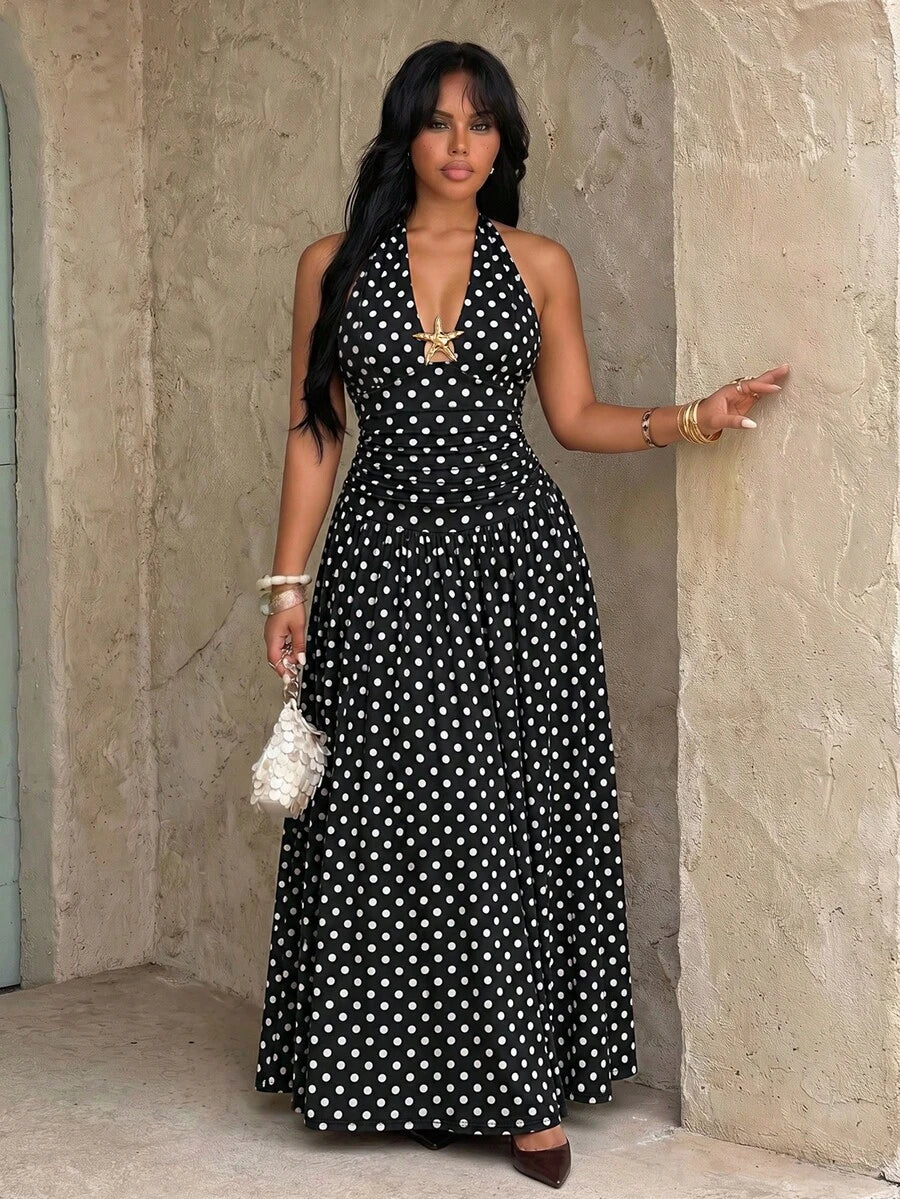 plus size halter maxi dress with deep V neckline, back neck tie bow, open shoulders, ruched waist panel, gold starfish charm, gathered A-line maxi skirt and solid or printed vacation colorways image 19