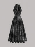 plus size halter maxi dress with deep V neckline, back neck tie bow, open shoulders, ruched waist panel, gold starfish charm, gathered A-line maxi skirt and solid or printed vacation colorways image 20