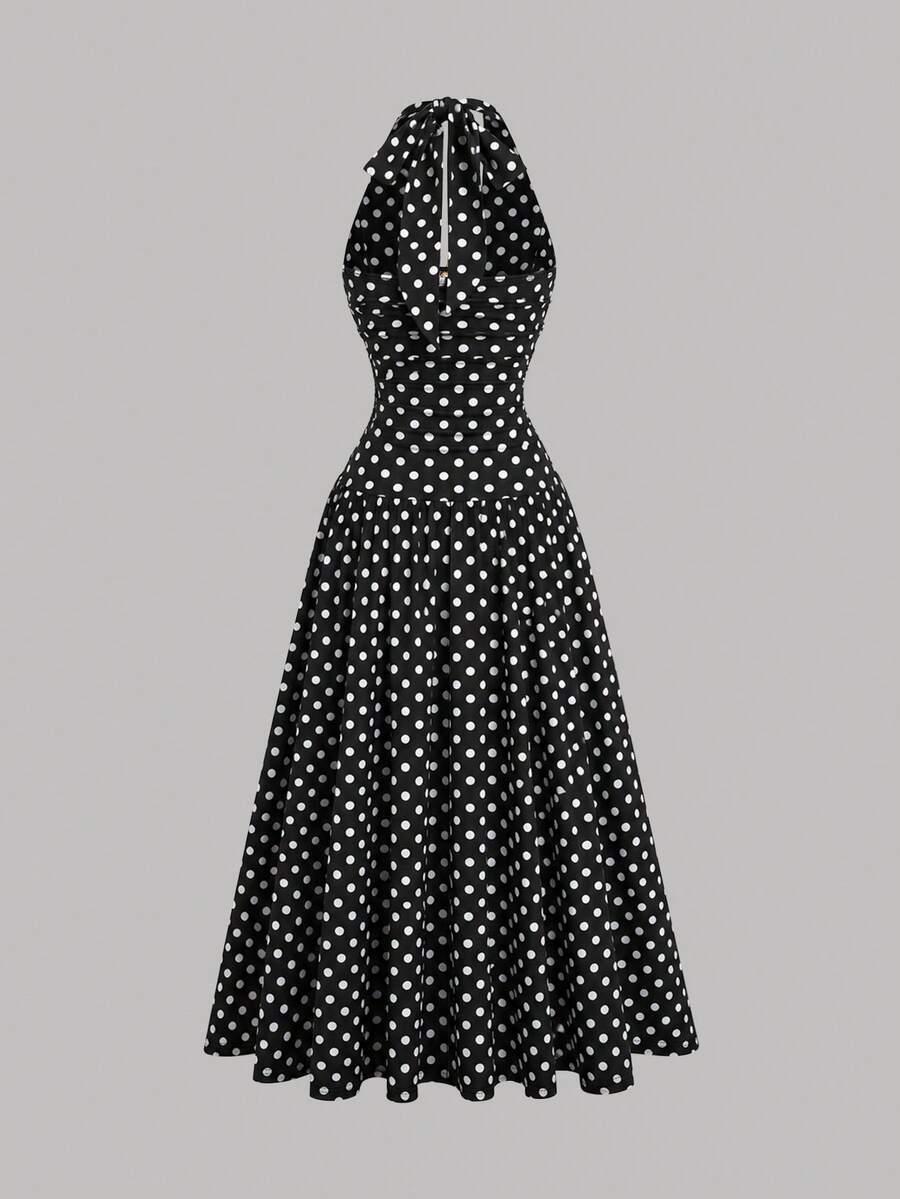 plus size halter maxi dress with deep V neckline, back neck tie bow, open shoulders, ruched waist panel, gold starfish charm, gathered A-line maxi skirt and solid or printed vacation colorways image 20