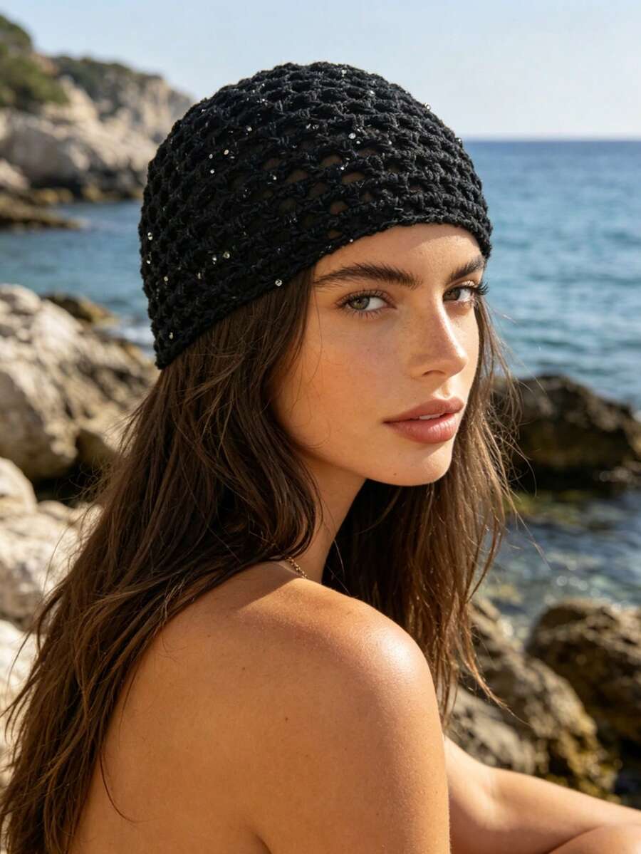 Black openwork crochet beanie hat with sparkle sequin details