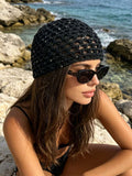 Black openwork crochet beanie hat with sparkle sequin details