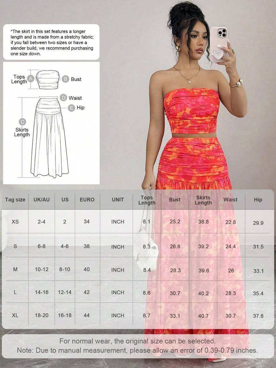 Styled view of floral strapless crop top and maxi skirt set showing visible color, print, and silhouette