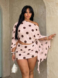 plus size two-piece beach club set with off-shoulder batwing crop top, sheer lightweight mesh or knit fabric, ruched side-tie mini skirt, exposed waist and print or solid color variants image 5