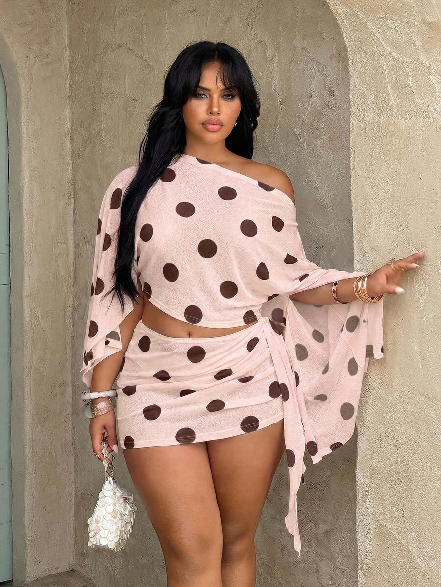 plus size two-piece beach club set with off-shoulder batwing crop top, sheer lightweight mesh or knit fabric, ruched side-tie mini skirt, exposed waist and print or solid color variants image 5