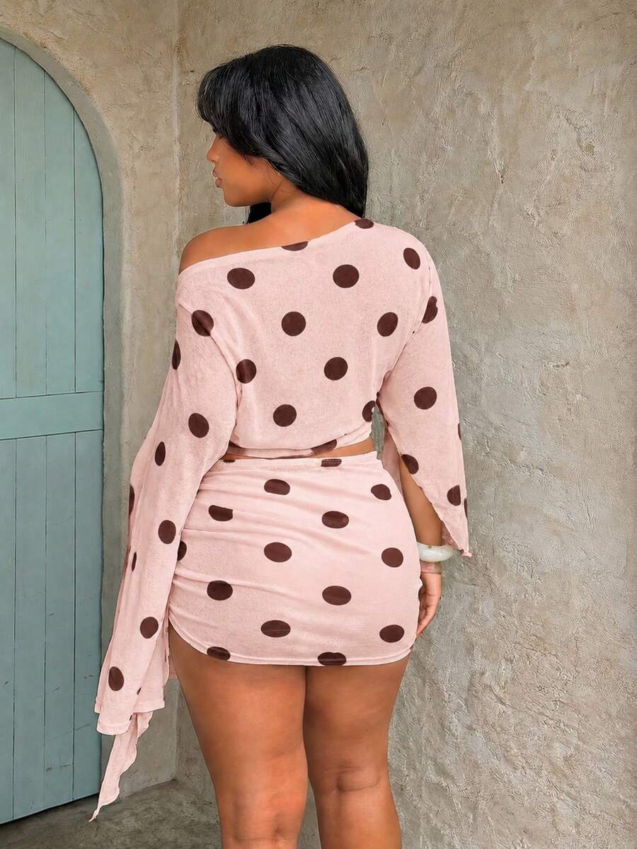 plus size two-piece beach club set with off-shoulder batwing crop top, sheer lightweight mesh or knit fabric, ruched side-tie mini skirt, exposed waist and print or solid color variants image 6