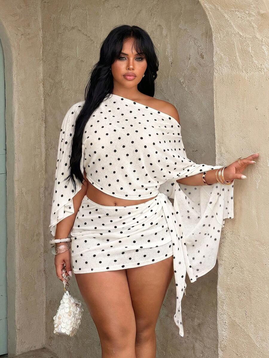 plus size two-piece beach club set with off-shoulder batwing crop top, sheer lightweight mesh or knit fabric, ruched side-tie mini skirt, exposed waist and print or solid color variants image 24