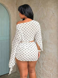 plus size two-piece beach club set with off-shoulder batwing crop top, sheer lightweight mesh or knit fabric, ruched side-tie mini skirt, exposed waist and print or solid color variants image 25