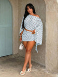 plus size two-piece beach club set with off-shoulder batwing crop top, sheer lightweight mesh or knit fabric, ruched side-tie mini skirt, exposed waist and print or solid color variants image 23