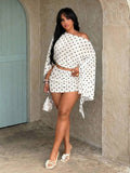 plus size two-piece beach club set with off-shoulder batwing crop top, sheer lightweight mesh or knit fabric, ruched side-tie mini skirt, exposed waist and print or solid color variants image 26