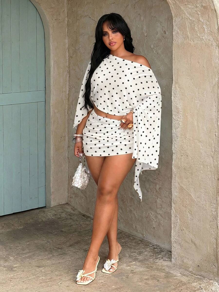 plus size two-piece beach club set with off-shoulder batwing crop top, sheer lightweight mesh or knit fabric, ruched side-tie mini skirt, exposed waist and print or solid color variants image 26
