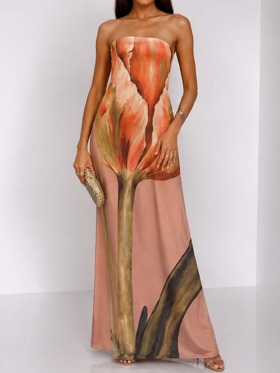 Three-quarter front view of lilac, black and cream abstract-print strapless maxi dress for parties