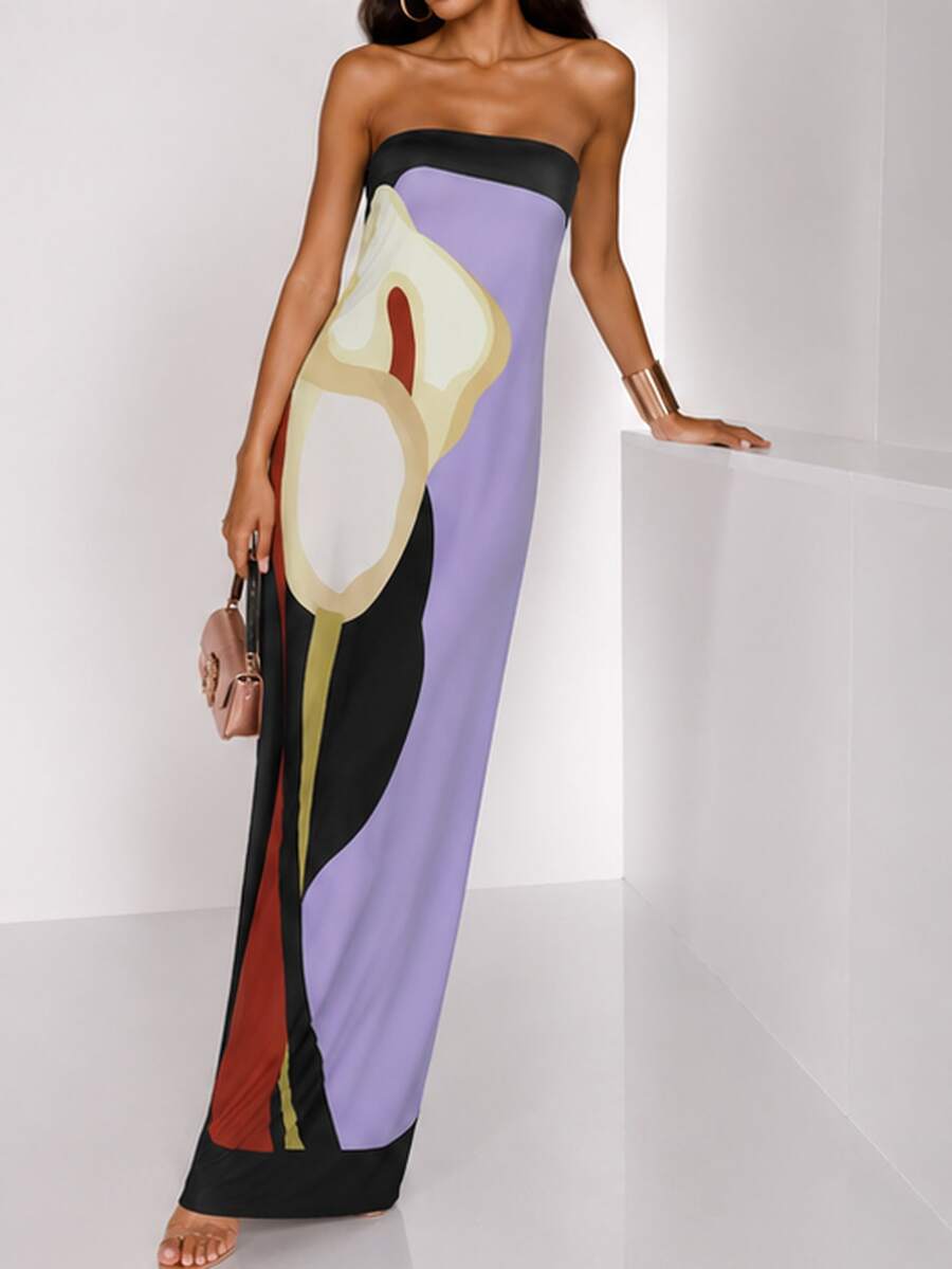 Rear view of plain white strapless maxi dress with striped top band and straight floor-length skirt