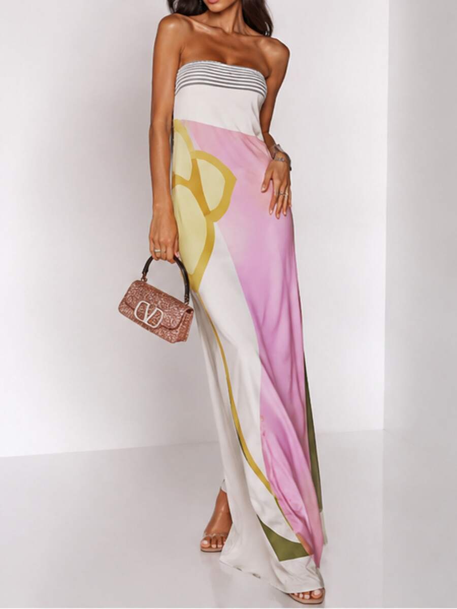 Front view of white and pink color-block strapless maxi dress with yellow-green abstract motif for summer outings