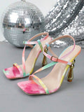 Pair of pastel tie-dye high heel sandals with square open toe and buckle slingback