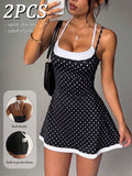 polka dot cami sports mini dress and matching shorts set with adjustable straps and side pocket image 2