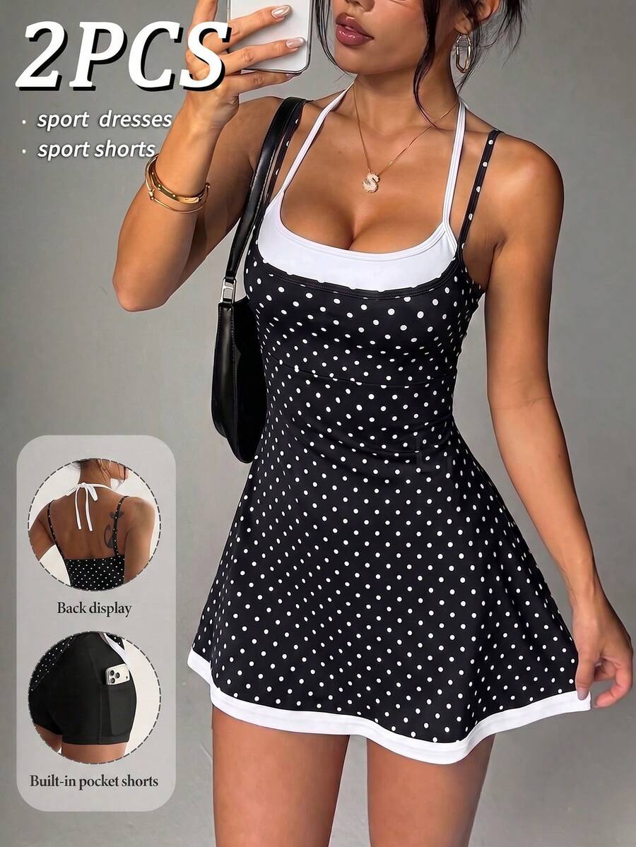 polka dot cami sports mini dress and matching shorts set with adjustable straps and side pocket image 2