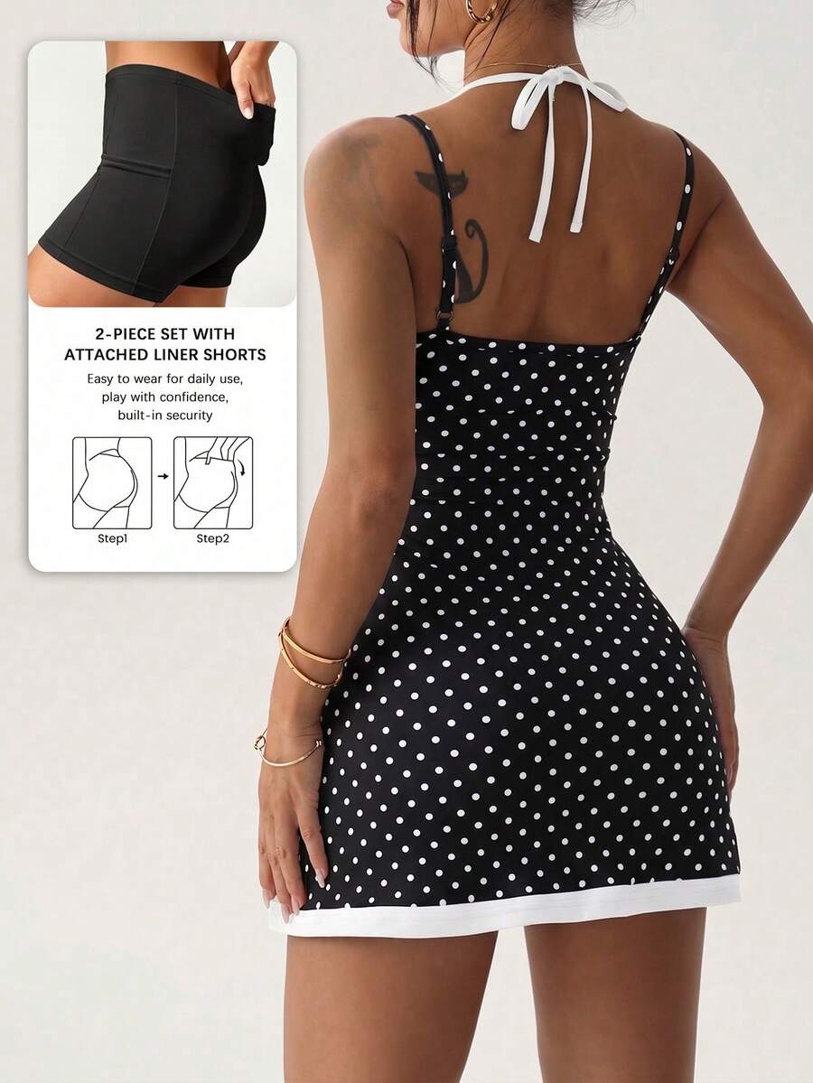 polka dot cami sports mini dress and matching shorts set with adjustable straps and side pocket image 3