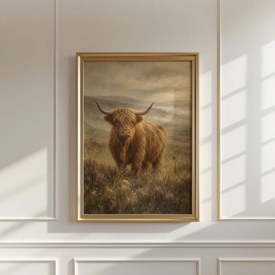 Rustic cow portrait wall art shown in gold frame