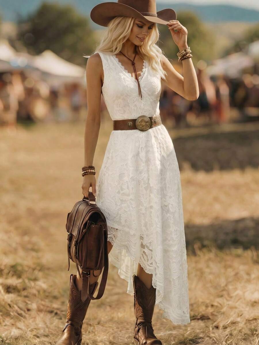 Front view of white lace V neck asymmetrical dress styled with boots in field