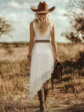 Back view of white lace summer dress with sleeveless cut and high low hem