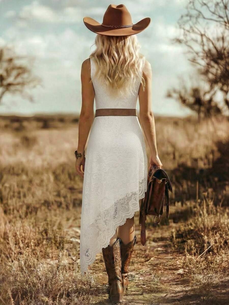 Back view of white lace summer dress with sleeveless cut and high low hem
