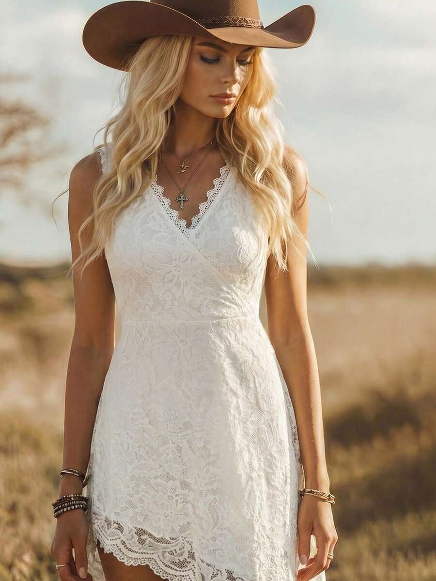 Close front view of white floral lace dress with V neckline and fitted waist
