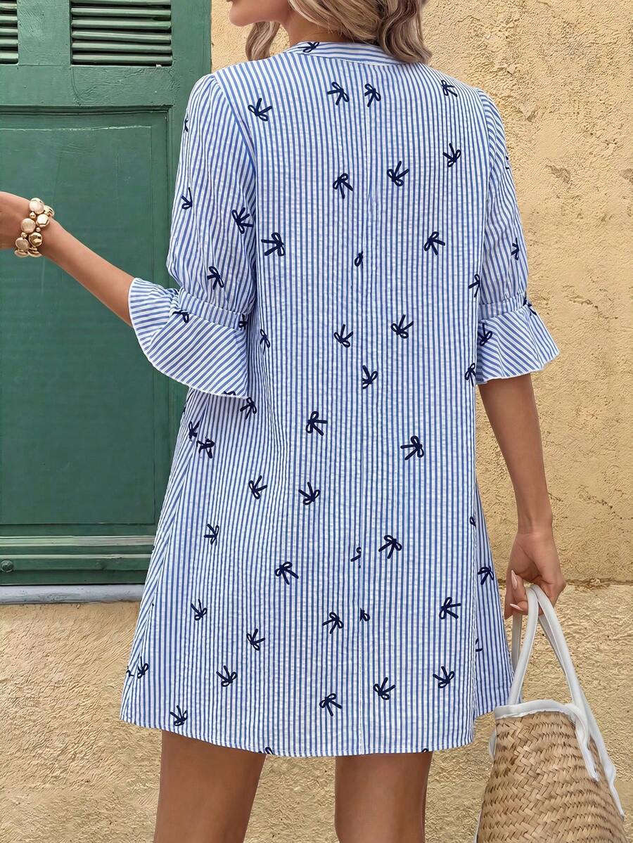 Blue striped bow print V-neck flounce sleeve mini dress front view