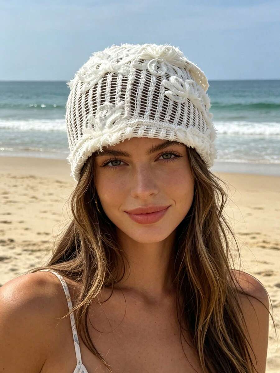 White textured floral mesh crochet beanie with raised appliques