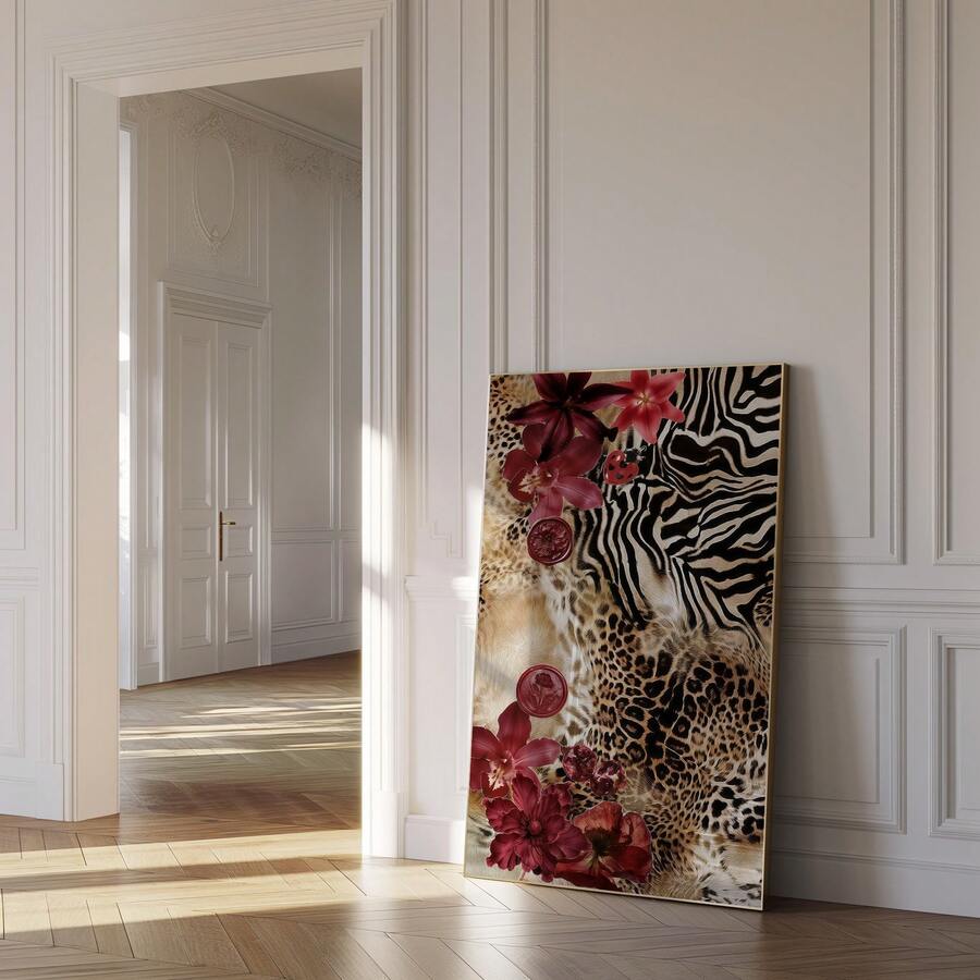 Unframed leopard and zebra floral canvas print leaning in a paneled room