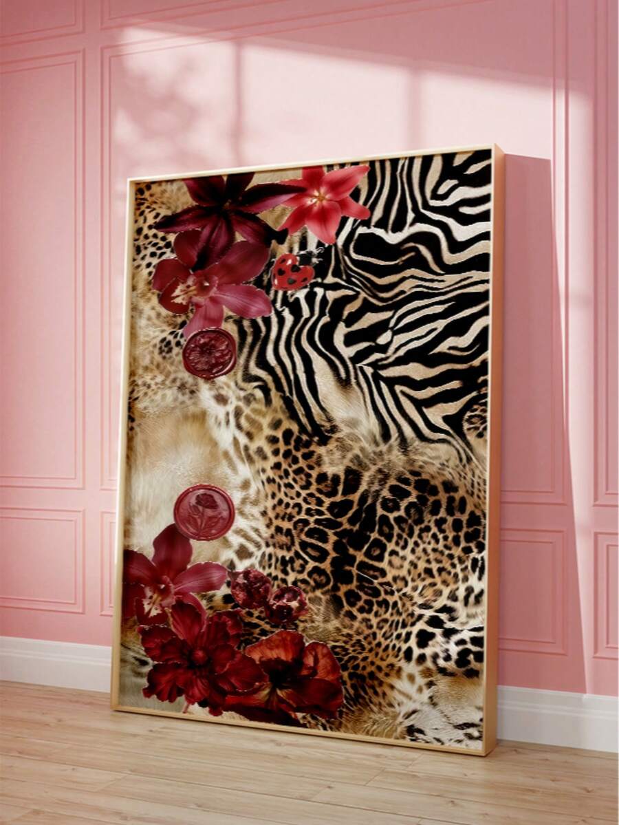 Leopard and zebra print floral canvas wall art in a gold frame in a warm interior