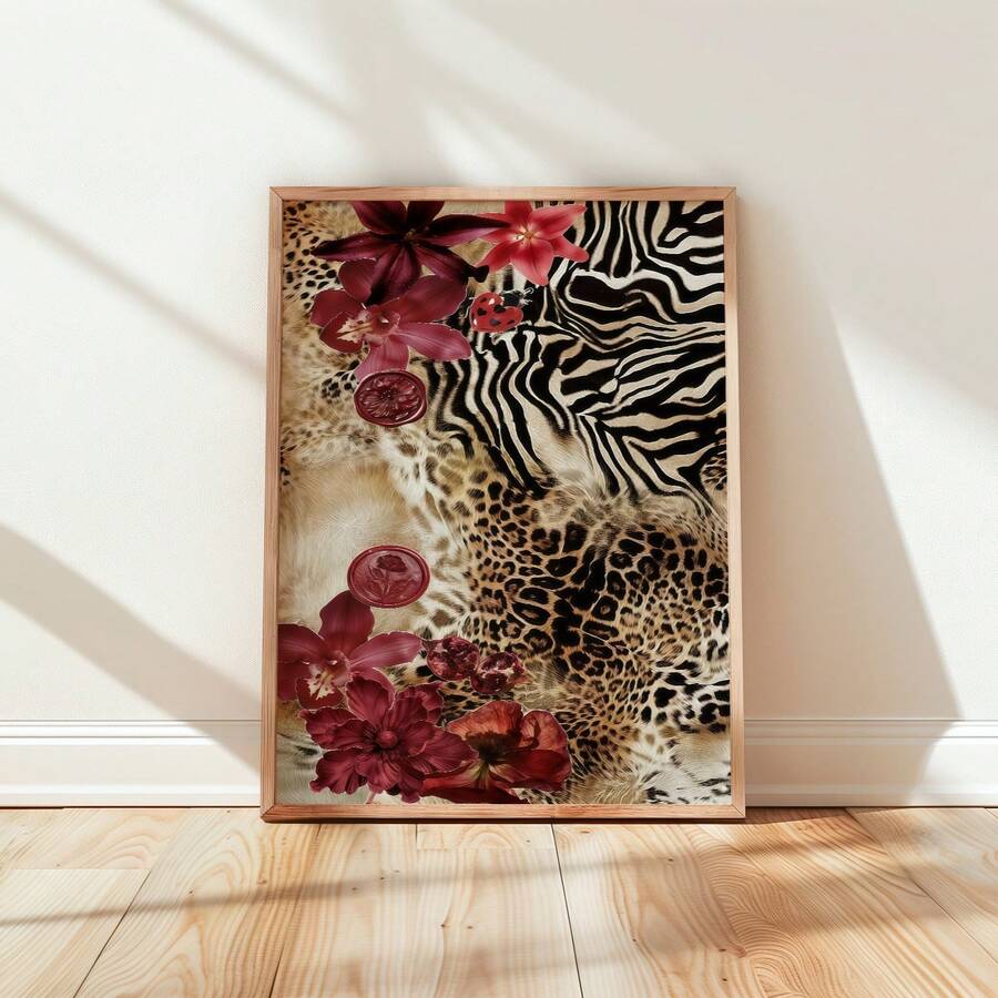 Leopard and zebra print floral wall art in a light wood frame on a white wall