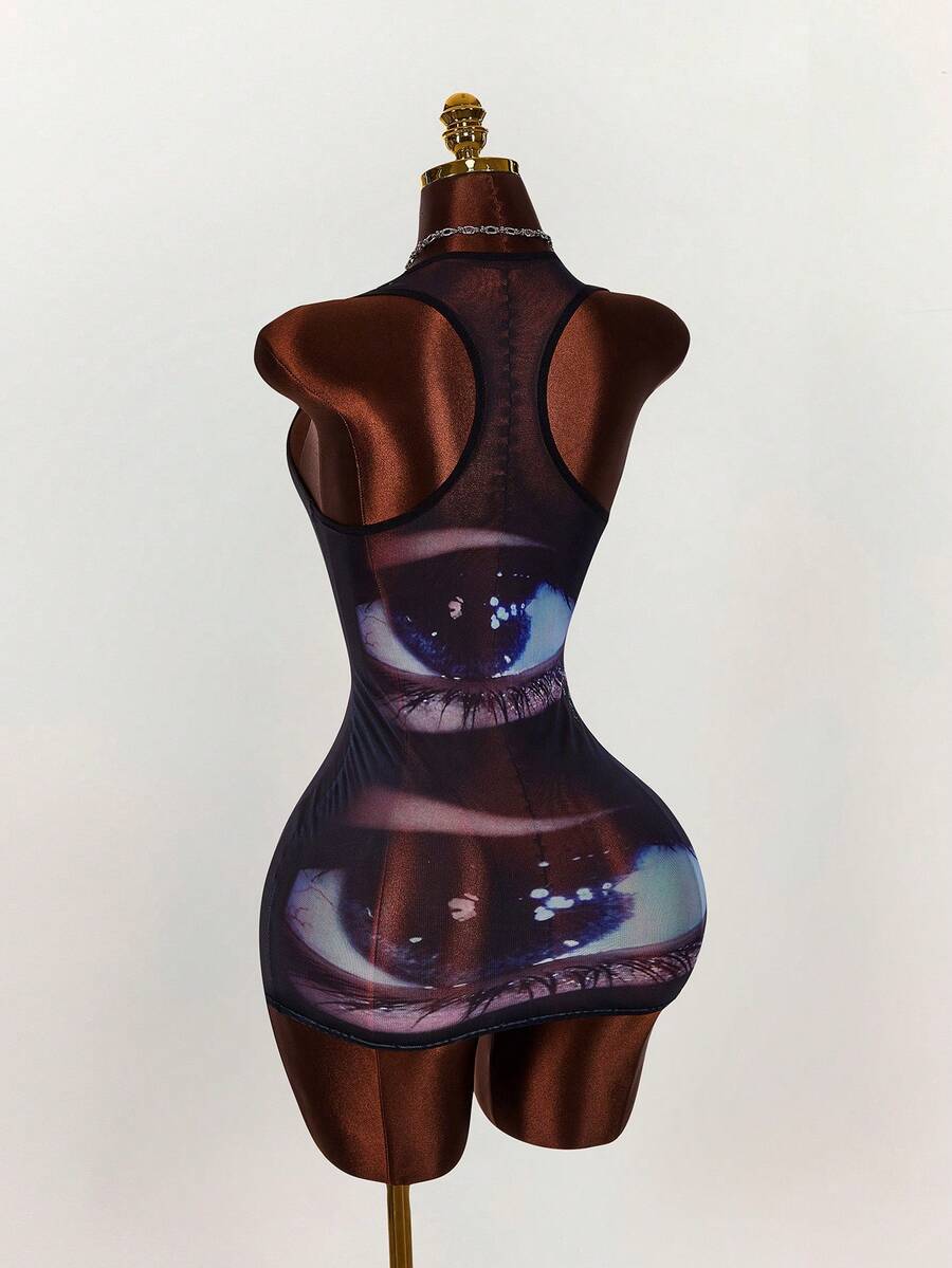 Back view of black eye graphic racerback bodycon mini dress