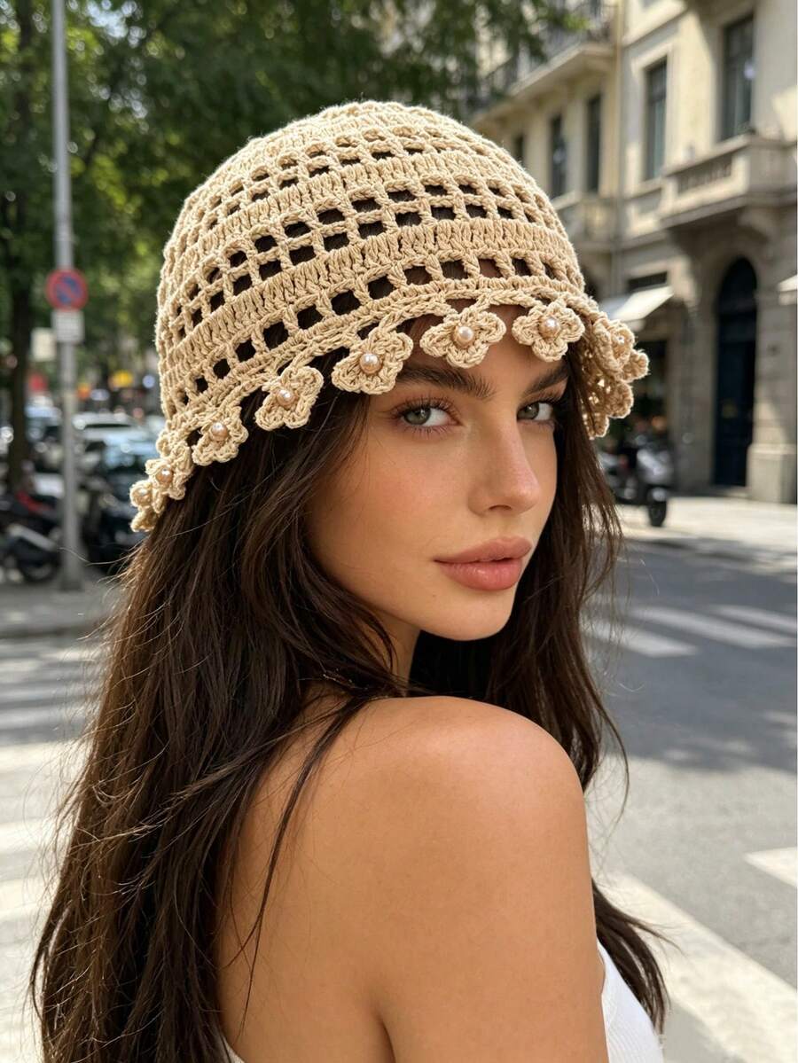 Beige floral crochet cloche hat with scalloped brim and pearl flower trim