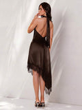 Back view of coffee brown satin halter mini dress with open back and neck ties